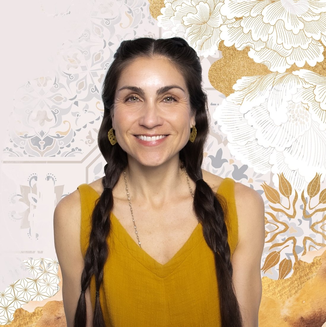 Portrait of Pritam Tara smiling, against a gold and ivory floral backdrop